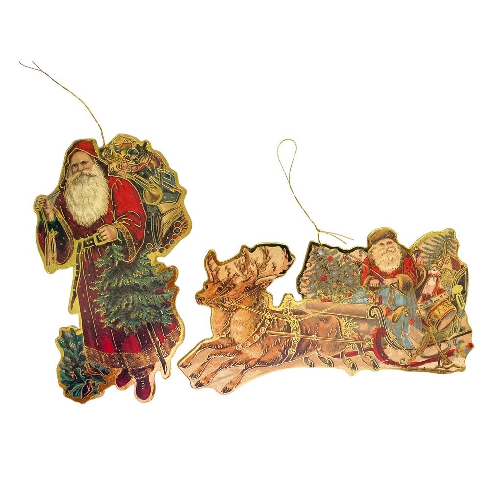 Vintage Style Die Cut Cardboard Santa Claus Christmas Ornaments Gold Foil Set 2‎